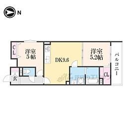 クリエオーレ観月橋 2階2LDKの間取り