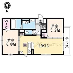 近鉄京都線 寺田駅 徒歩5分の賃貸アパート 1階2LDKの間取り