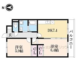 近鉄京都線 小倉駅 徒歩11分の賃貸マンション 2階2DKの間取り