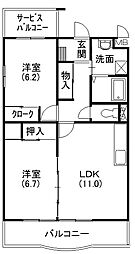 ガーデン・ロゼ弁天 2LDKの間取図画像