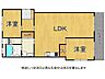 間取り：陽当たりの良い南西向き2LDKの間取りです。