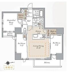 プライマルシティ神楽坂 8階3LDKの間取り
