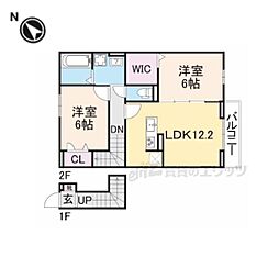 JR草津線 手原駅 徒歩25分の賃貸アパート 2階2LDKの間取り