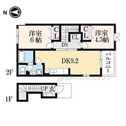 JR北陸本線 長浜駅 徒歩16分の賃貸アパート 2階2DKの間取り