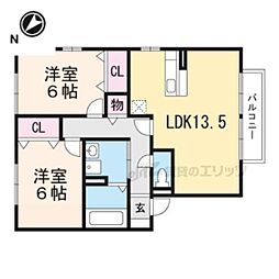 リビングタウン貴生川Ｂ棟 2階2LDKの間取り