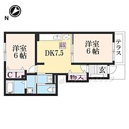 JR草津線 甲南駅 徒歩19分の賃貸アパート 1階2DKの間取り