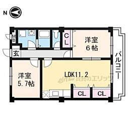 JR草津線 手原駅 徒歩5分の賃貸マンション 4階2LDKの間取り