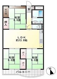 北須磨団地D-2棟 3LDKの間取図画像