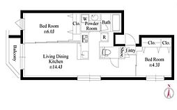 小田急小田原線 東北沢駅 徒歩3分の賃貸マンション 1階2LDKの間取り