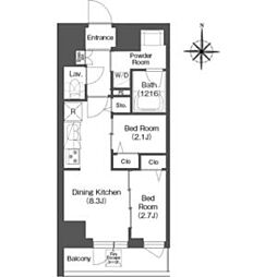 東急池上線 蓮沼駅 徒歩2分の賃貸マンション 10階2DKの間取り