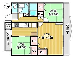 男山第4住宅313棟 2LDKの間取図画像