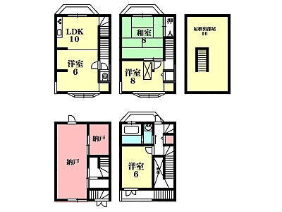 間取り：【間取り図】全居室6帖以上の広さが確保された、ゆとりある「4LDK」の住まい。洋室(約6.0帖)は、LDKと一体利用可能◎多用途に活用できる、屋根裏部屋(約16.0帖)・納戸が設けられています。