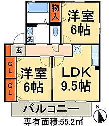 グリーンルーフ 1階2DKの間取り
