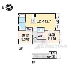 JR桜井線 櫟本駅 徒歩10分の賃貸アパート 2階2LDKの間取り