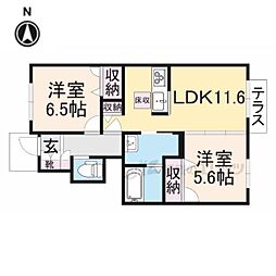 シャーメゾン龍田 1階2LDKの間取り