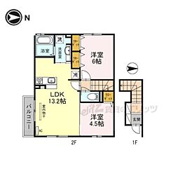 JR関西本線 奈良駅 徒歩22分の賃貸アパート 2階2LDKの間取り