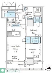 ロイヤルパークス品川 23階2LDKの間取り