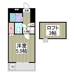 フリーダムC棟 2階1Kの間取り