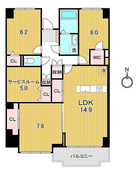 ☆3LDK+サービスルーム+WIC☆専有面積89.50m2・バルコニー面積6.54m2