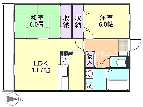 フォブールQUA　A棟 ｜岡山県倉敷市白楽町(賃貸マンション2LDK・2階・60.50㎡)の写真 その2