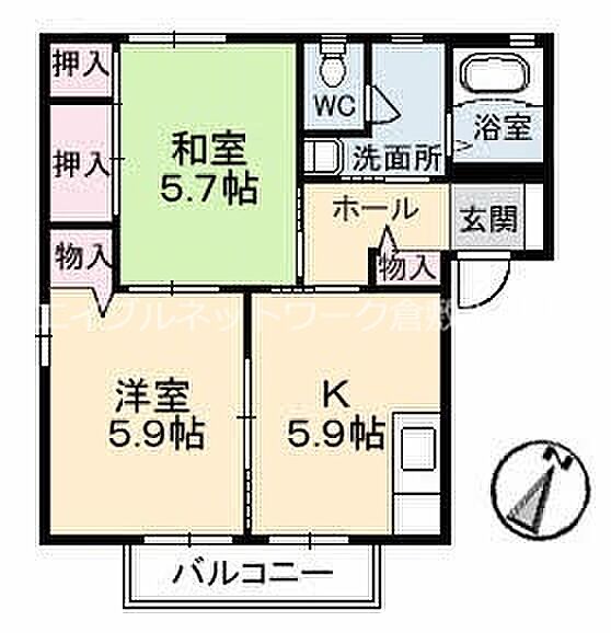 ノースヴェレッジII　Ｂ棟 ｜岡山県倉敷市福井(賃貸アパート2K・2階・43.75㎡)の写真 その2