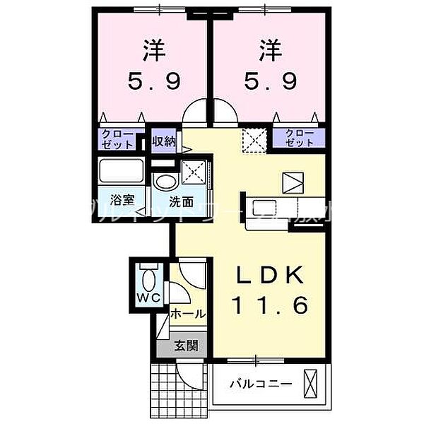 パレットＢ ｜岡山県倉敷市北畝1丁目(賃貸アパート2LDK・1階・55.13㎡)の写真 その2