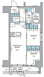 都営大江戸線 新御徒町駅 徒歩5分の賃貸マンション 11階2LDKの間取り