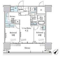 都営大江戸線 勝どき駅 徒歩20分の賃貸マンション 9階2LDKの間取り