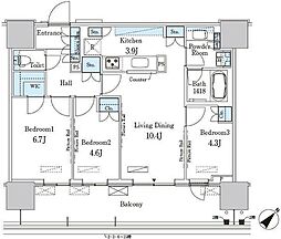 都営大江戸線 勝どき駅 徒歩13分の賃貸マンション 5階3LDKの間取り
