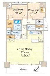 東京メトロ有楽町線 月島駅 徒歩1分の賃貸マンション 24階2LDKの間取り
