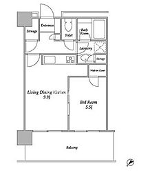 都営大江戸線 勝どき駅 徒歩2分の賃貸マンション 34階1LDKの間取り