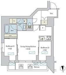 つくばエクスプレス 浅草駅 徒歩1分の賃貸マンション 12階2LDKの間取り