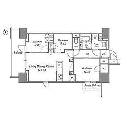 東京メトロ日比谷線 南千住駅 徒歩8分の賃貸マンション 4階3LDKの間取り