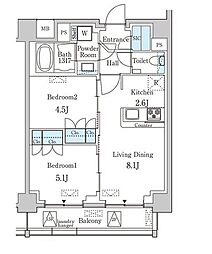 東京メトロ銀座線 表参道駅 徒歩11分の賃貸マンション 6階2LDKの間取り