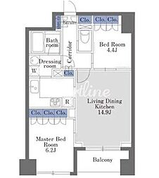 東京メトロ日比谷線 茅場町駅 徒歩7分の賃貸マンション 8階2LDKの間取り