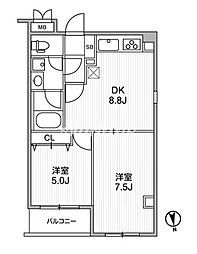 東京メトロ千代田線 町屋駅 徒歩6分の賃貸マンション 4階2DKの間取り