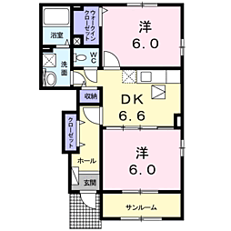 JR鹿児島本線 隈之城駅 徒歩21分の賃貸アパート 1階2DKの間取り