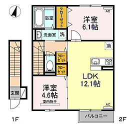 JR鹿児島本線 隈之城駅 鹿児島交通バス　矢倉町下車 徒歩10分の賃貸アパート 2階2LDKの間取り