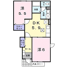 JR鹿児島本線 川内駅 バス12分 川内警察署前下車 徒歩8分の賃貸アパート 1階2DKの間取り