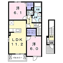 JR鹿児島本線 鹿児島駅 バス22分 中別府団地下車 徒歩6分の賃貸アパート 2階2LDKの間取り