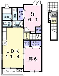 JR日豊本線 姶良駅 バス15分 森山上下車 徒歩3分の賃貸アパート 2階2LDKの間取り