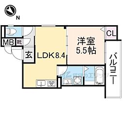 クリエオーレ藤阪中町II 2階1LDKの間取り
