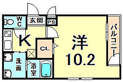 フジパレス北城内EAST 3階1Kの間取り