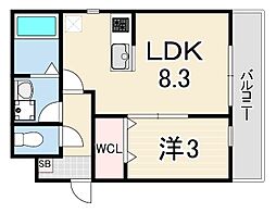 エハコ日暮通 2階1LDKの間取り