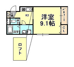 フローラ岡本 2階1Kの間取り
