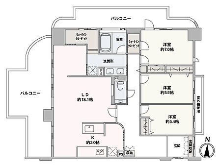 全居室に採光が確保された明るい住まい。LDKや洗面室は2WAYアクセスが可能で、動線に配慮された設計です。廊下収納やWICなど、収納スペースが豊富なため住空間を有効に使えます。