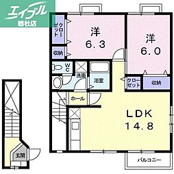 JR山陽本線 倉敷駅 徒歩21分の賃貸アパート 2階2LDKの間取り