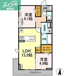 JR山陽本線 倉敷駅 徒歩8分の賃貸アパート 2階2LDKの間取り