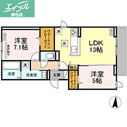 JR山陽本線 倉敷駅 徒歩8分の賃貸アパート 1階2LDKの間取り