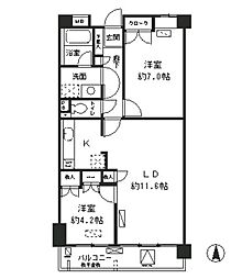 JR山手線 目黒駅 徒歩20分の賃貸マンション 4階2LDKの間取り